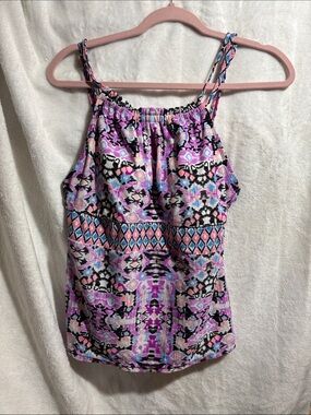 Sleeveless Pink & Black Printed Swim Top